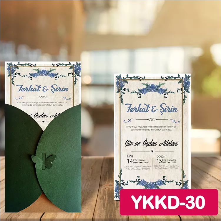 ozen-davetiye-Düğün Davetiyesi - Yeşil Kelebekli Kraft Zarflı Davetiye Model No:30